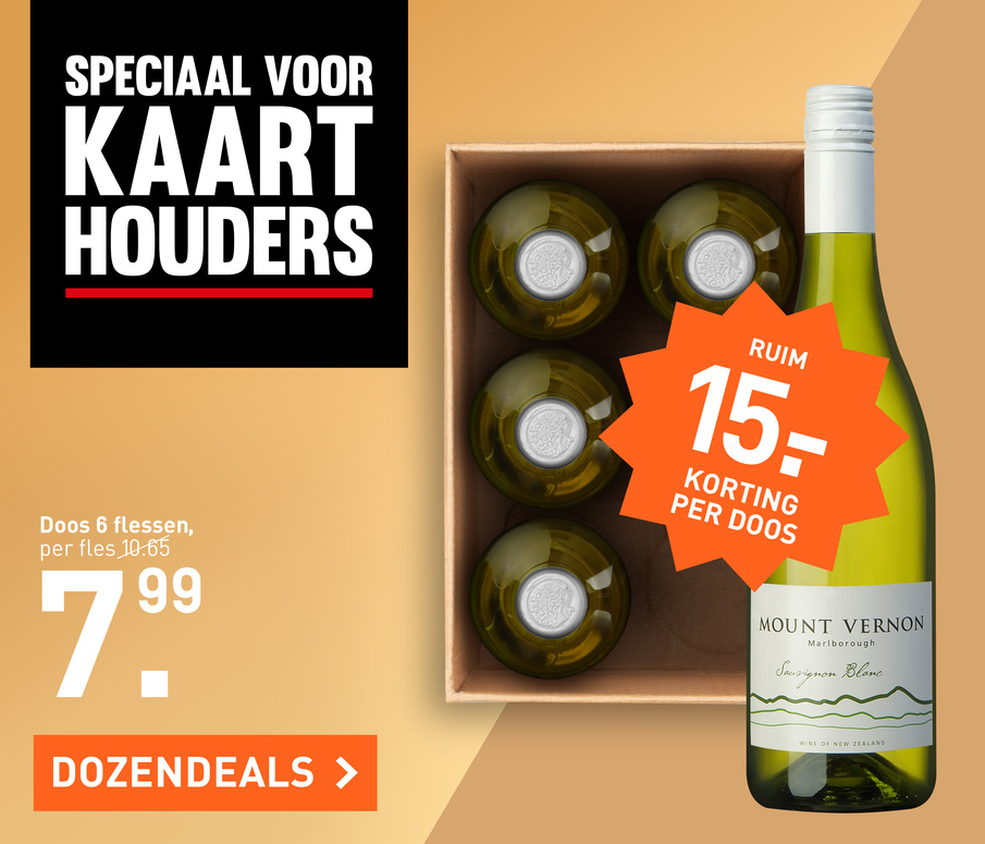 Speciale deal voor kaarthouders 6 flessen wijn voor maar €7,99 dat is ruim 15 euro korting per doos. Klik  om de dozendeals te bekijken.